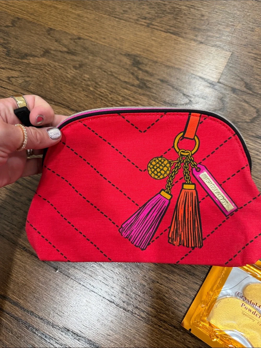 Estee Lauder Red Tassel Cosmetic Pouch with Charm Print and three pairs eye mask